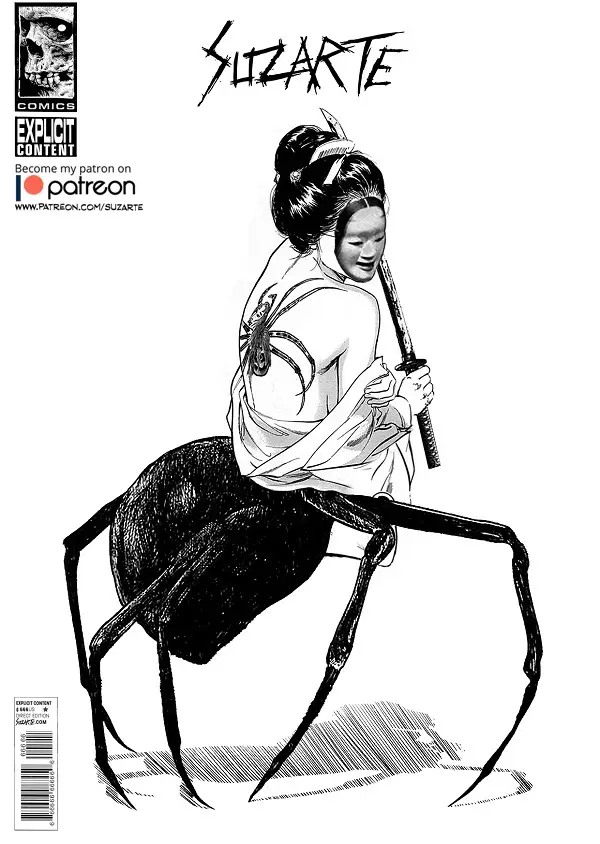 A black-and-white comic book cover by Suzarte features a woman in traditional Japanese attire riding a large spider while…