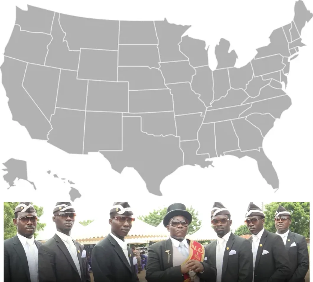 A gray map of the United States is positioned above a photo of seven Black men in formal black suits, white shirts, and…