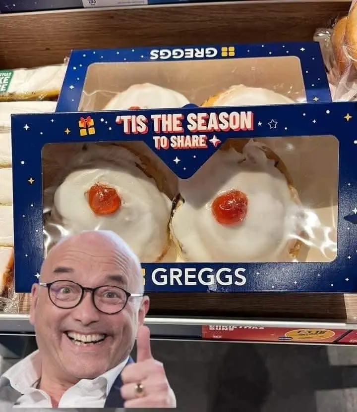 A photo of a Greggs Christmas pastry box with two mince pies, each topped with a cherry that resembles an eyeball. A cutout…