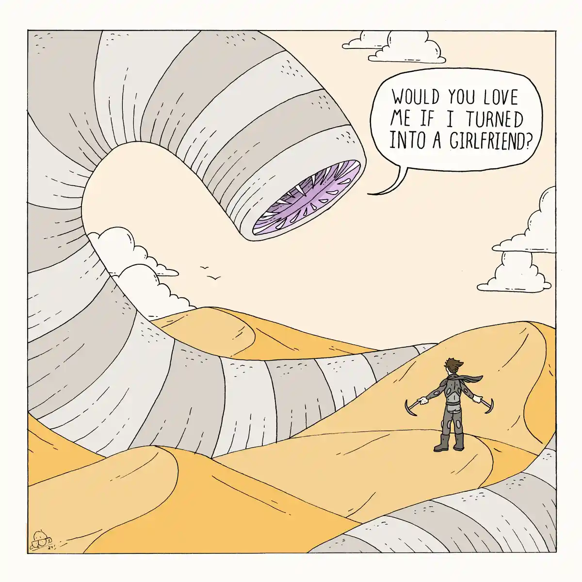 A cartoon depicts a small adventurer standing on a desert ridge, facing a giant, striped, worm-like creature with a…