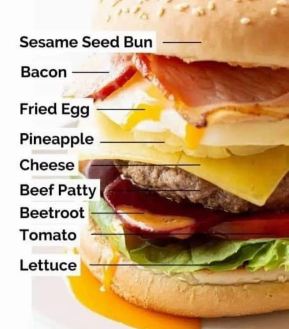 A close-up image of a burger with text labels pointing to each ingredient, including sesame seed bun, bacon, fried egg…