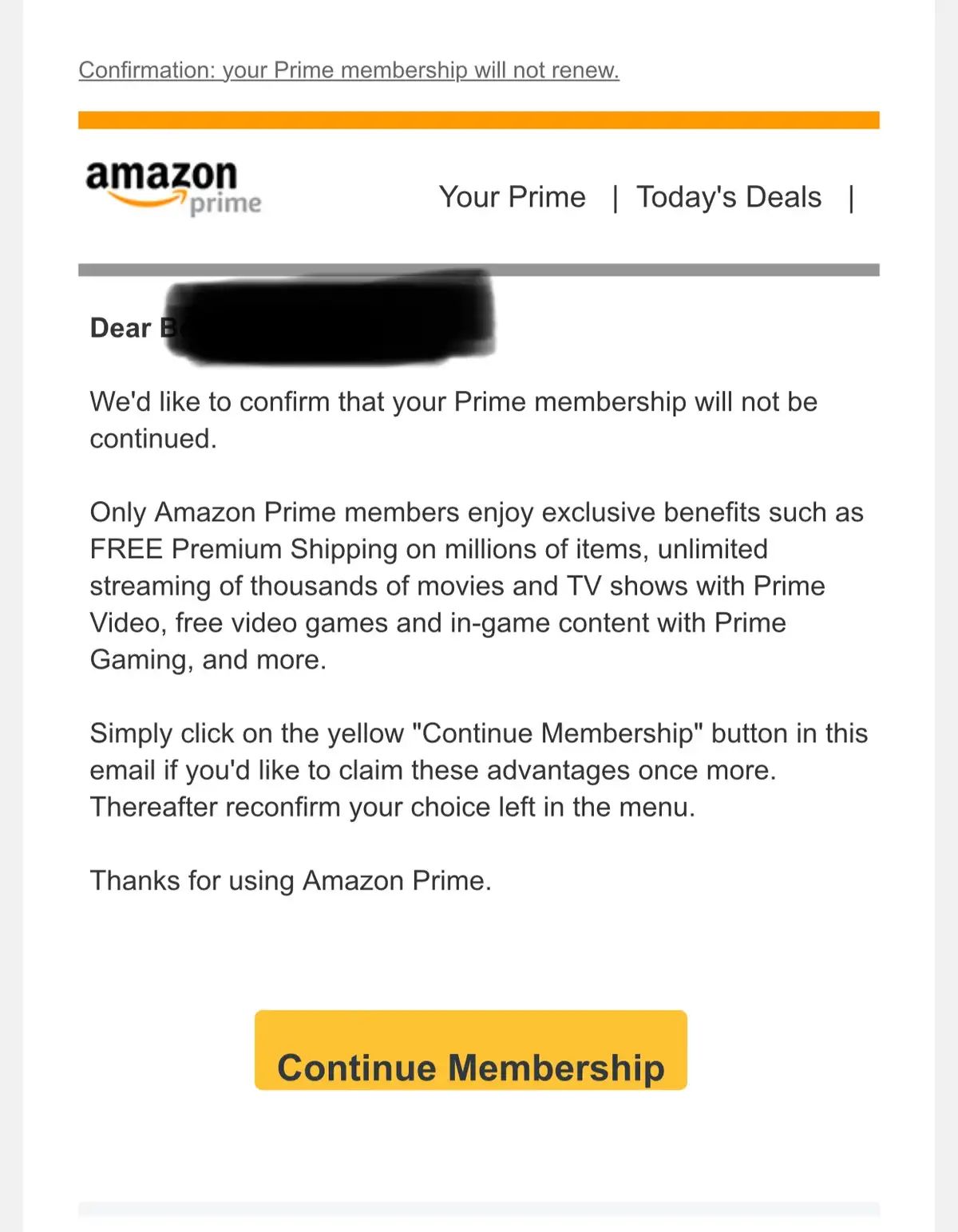 An Amazon Prime email notification stating the user's membership will not renew, listing benefits like free shipping and…