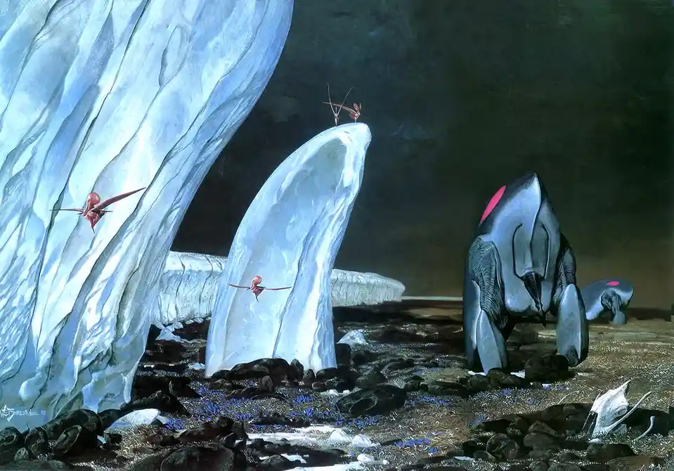 A painting depicts a surreal alien landscape with large, translucent ice-like structures and small red flying creatures. Two…