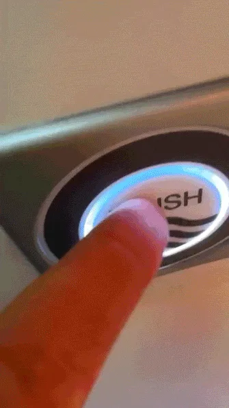 A finger presses a 'FLUSH' button on an airplane toilet. The next frames show a person holding a small wooden tray with four…
