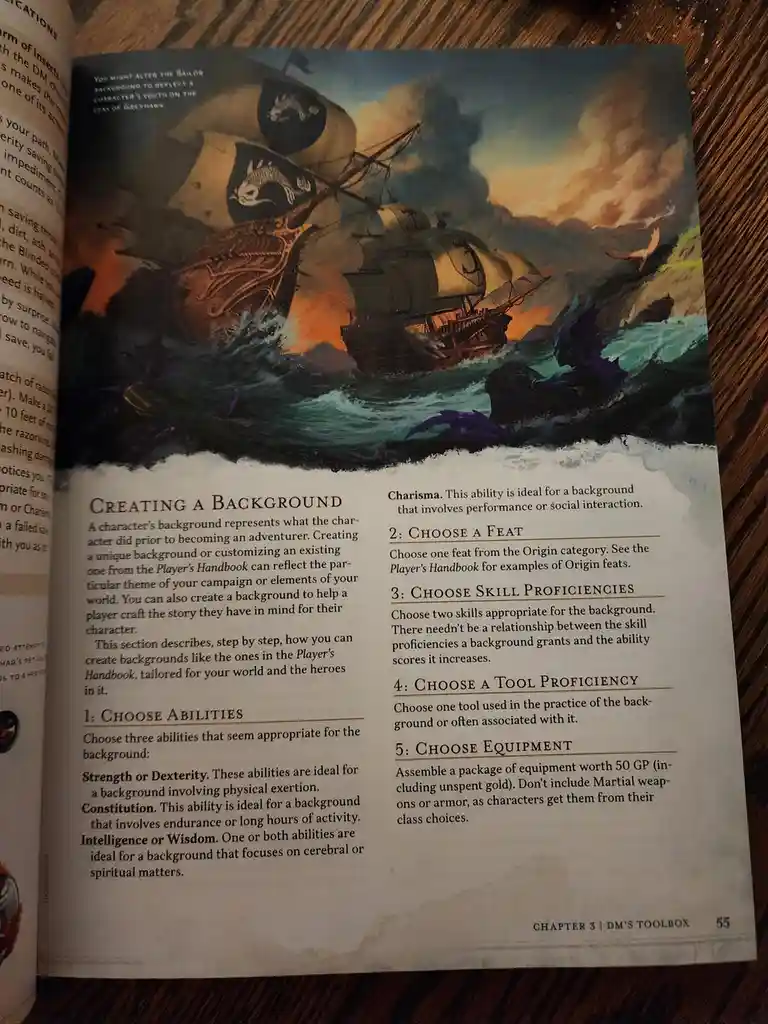 An open book page from a Dungeons & Dragons rulebook, showing a dramatic illustration of two sailing ships battling in…