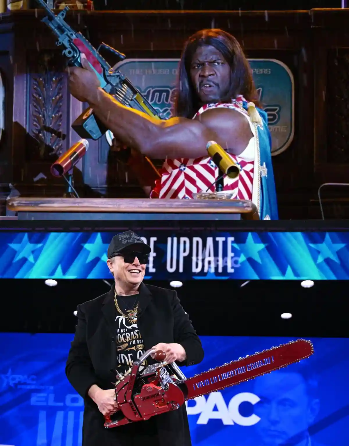 The image is a two-panel meme. The top panel shows a man with long hair, wearing a red, white, and blue outfit, standing at…