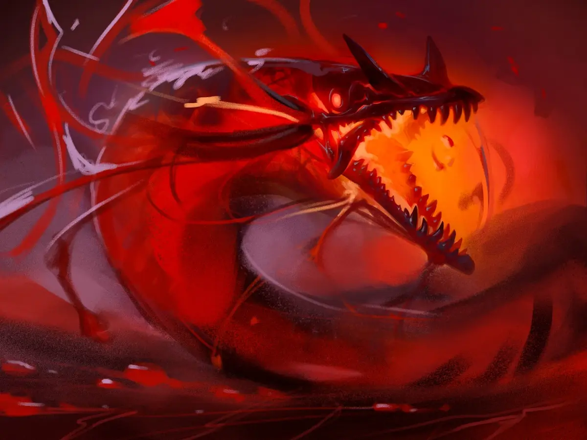 A menacing, red dragon with glowing orange eyes and sharp teeth is depicted mid-roar, its body coiled and surrounded by…