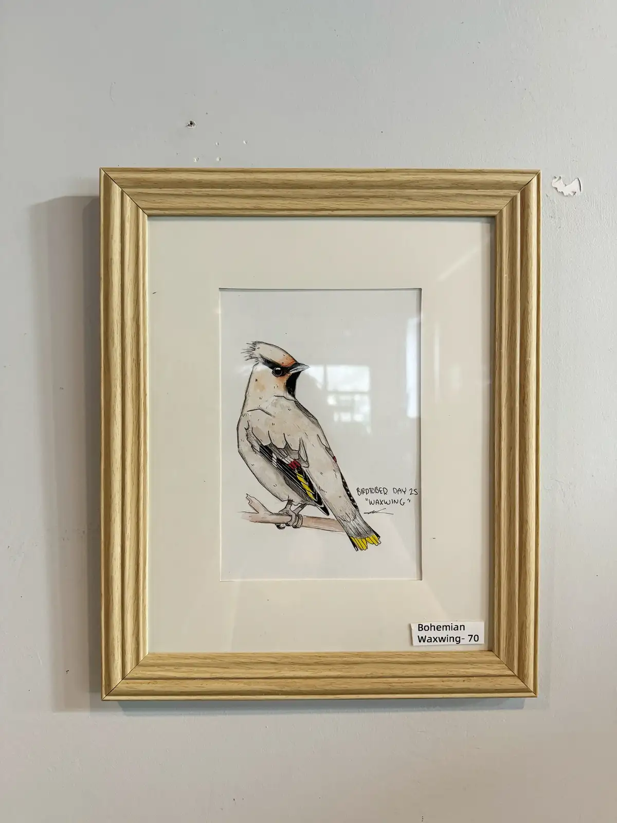 A framed watercolor painting of a Bohemian Waxwing bird, labeled 'BIRDTOBER DAY 25 "WAXWING"' on the artwork and 'Bohemian…