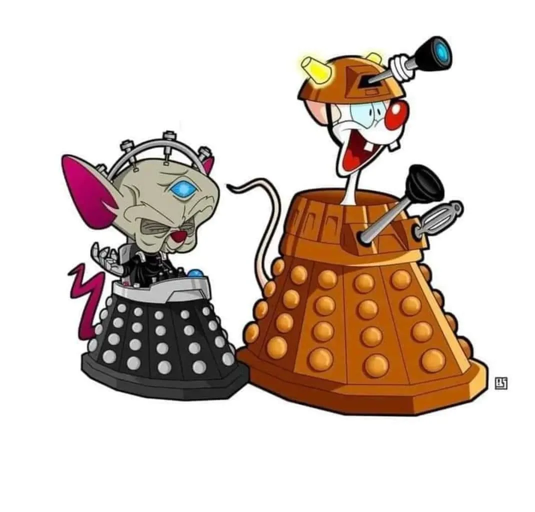 Two cartoon mice are depicted in Dalek costumes: one is a black Dalek with a stern, robotic mouse face and a purple…