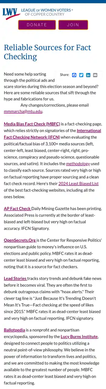 A screenshot of a League of Women Voters webpage titled 'Reliable Sources for Fact Checking' lists fact-checking…