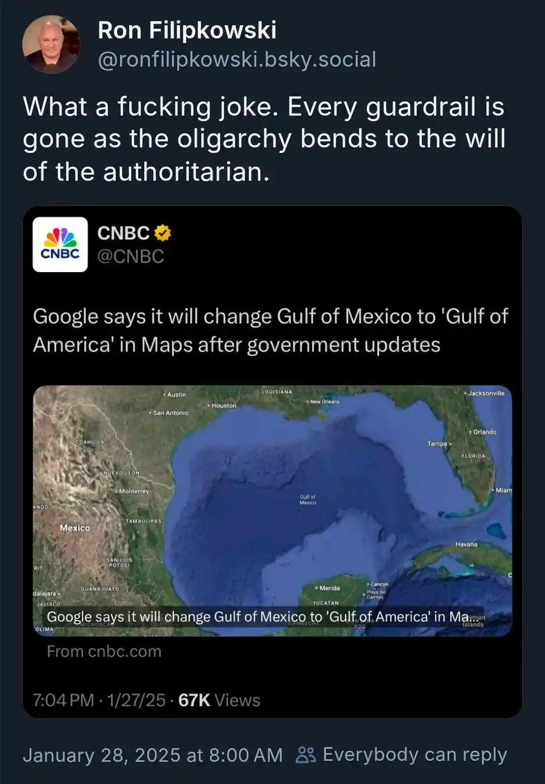 A screenshot of a social media post by Ron Filipkowski reacting to a CNBC article. The article's headline and image show a…