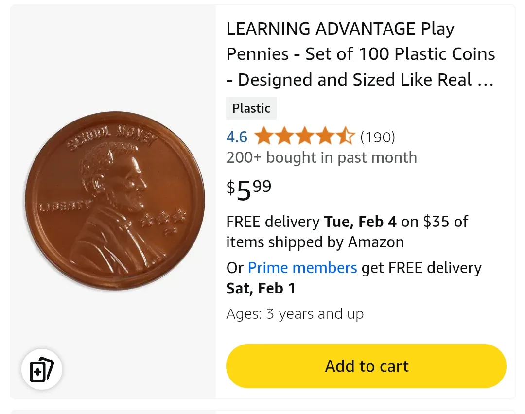An Amazon product listing for 'Learning Advantage Play Pennies' shows a plastic penny replica with Abraham Lincoln's…