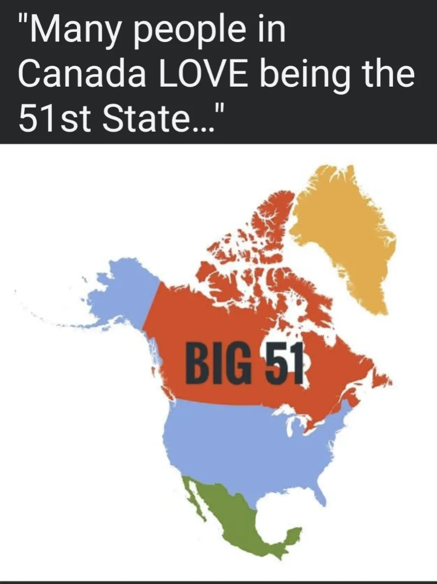 The image displays a stylized map of North America with Canada colored red and labeled 'BIG 51', while the United States is…