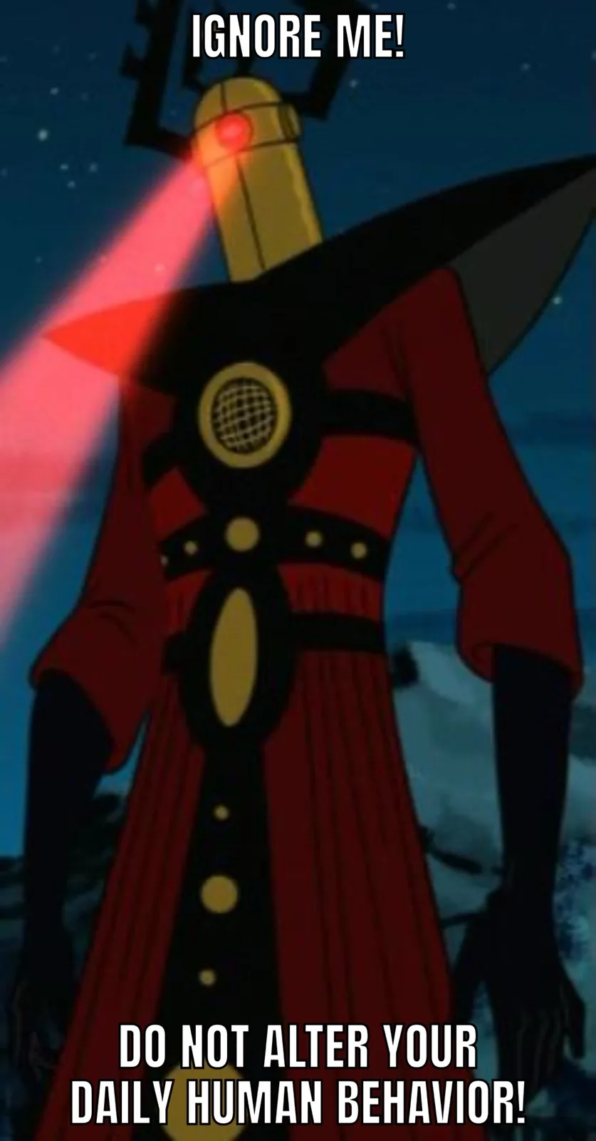 An animated image shows a tall, robotic figure with a red cape and a glowing red laser beam emanating from its head. The…