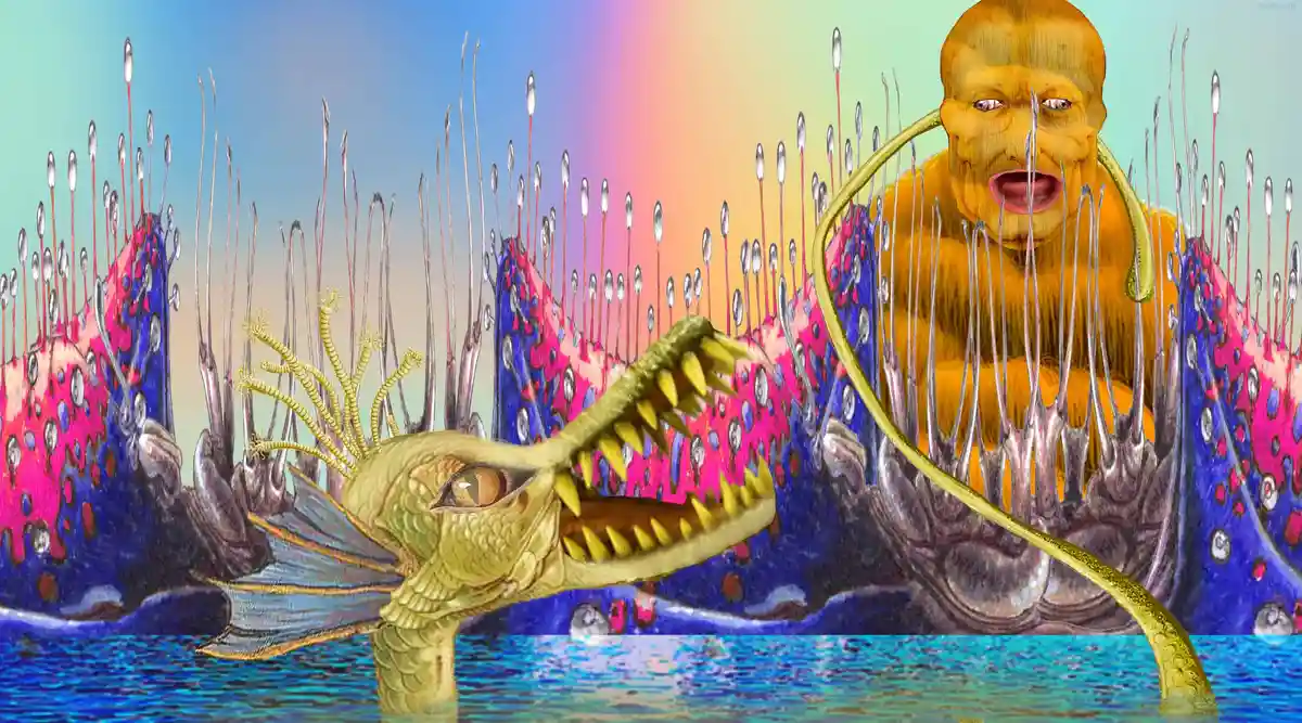 A surreal digital artwork depicts a yellow-skinned, bald man with a shocked expression, seemingly trapped inside a giant…