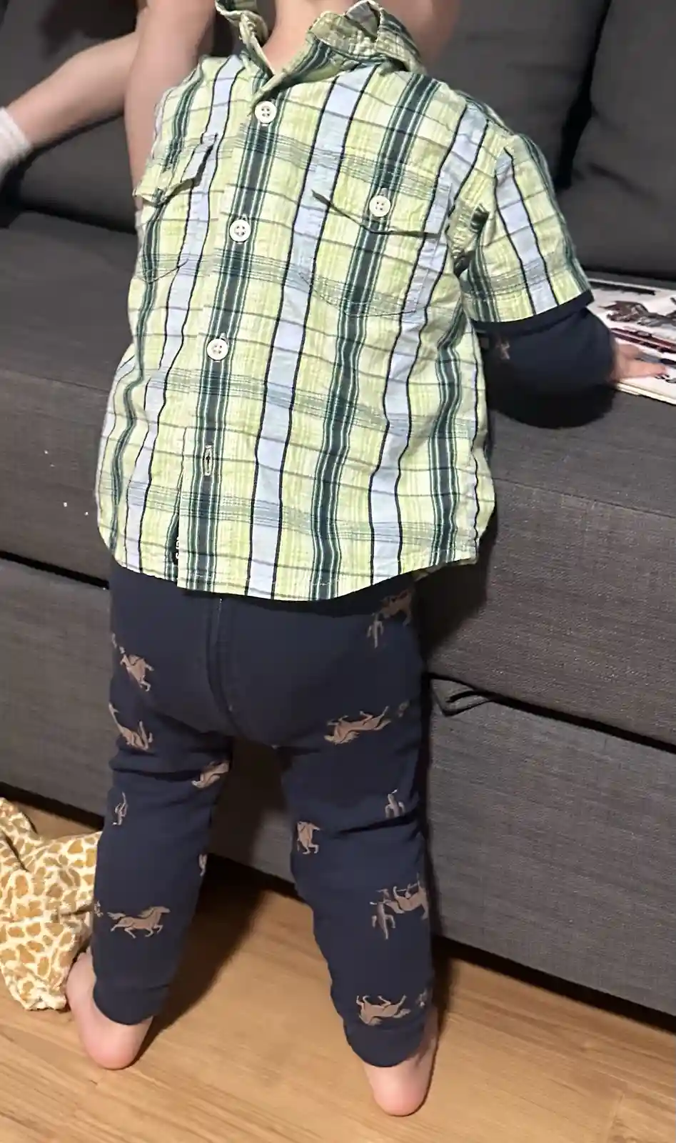 A toddler wearing a green and white plaid button-up shirt and dark blue pants with horse prints stands barefoot on a wooden…