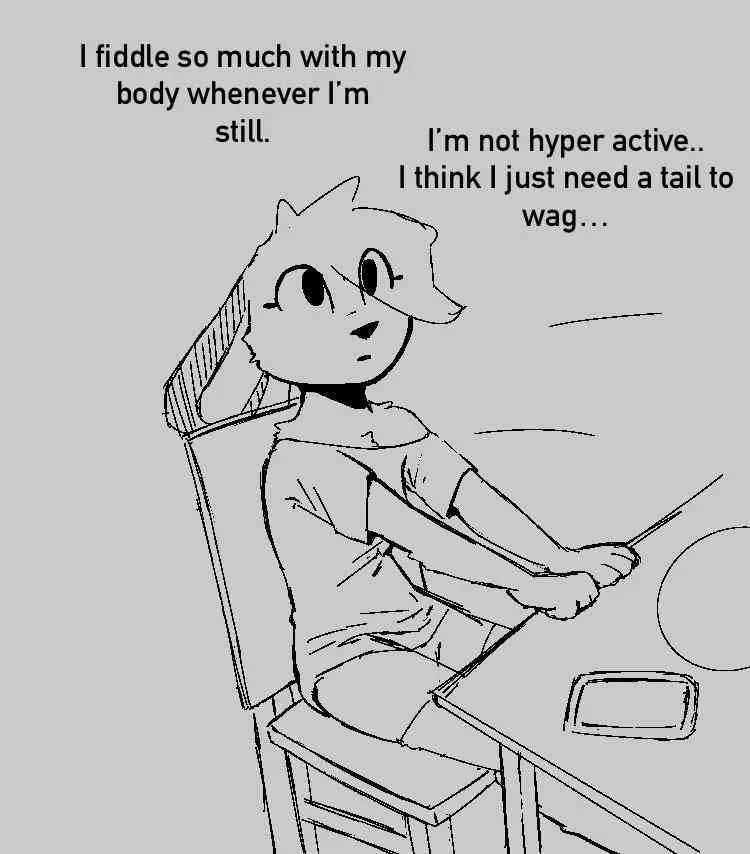 A black-and-white cartoon drawing of an anthropomorphic fox sitting at a desk, fidgeting with their hands while holding a…