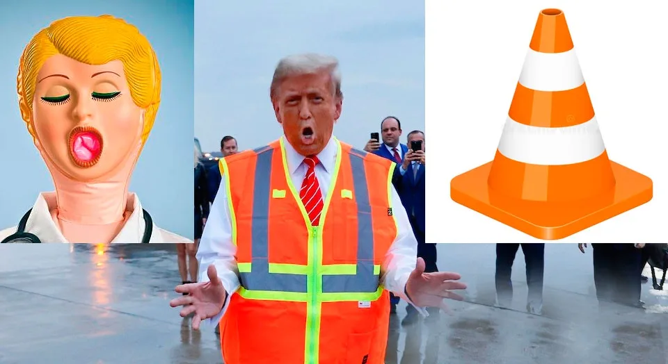 The image is a collage featuring three panels: a plastic doll with blonde hair and a wide-open mouth, a photo of Donald…