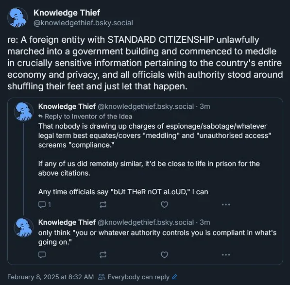 A screenshot of a social media thread shows a user named 'Knowledge Thief' responding to a post about a foreign entity…