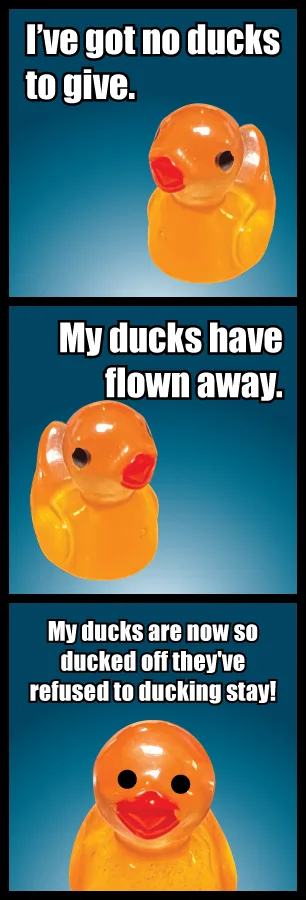 A three-panel meme featuring a single orange rubber duck in each panel against a blue gradient background. The top panel…