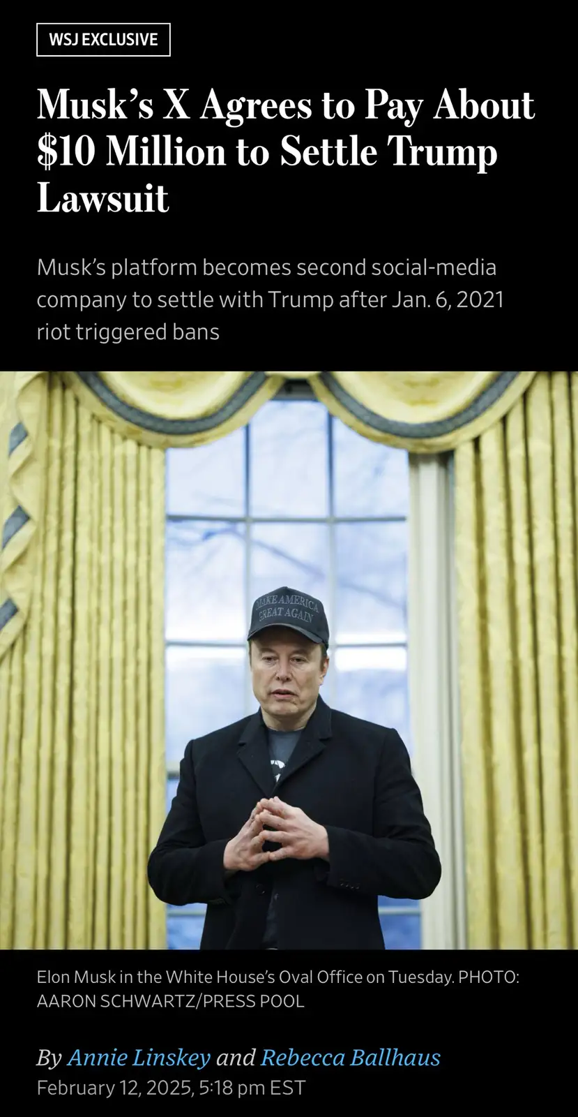 The image displays a news article headline from the Wall Street Journal about Musk's X platform settling a lawsuit with…