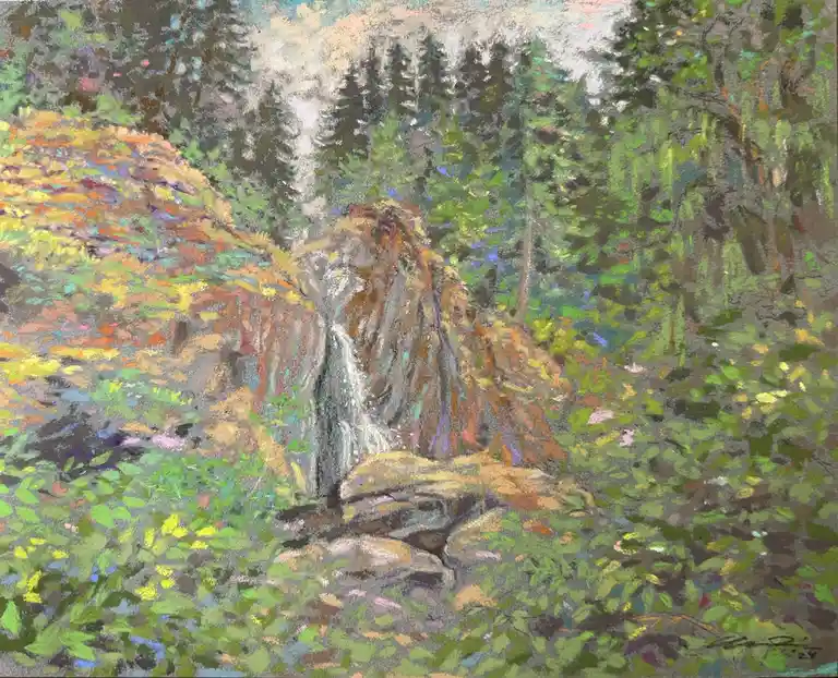 A colorful pastel painting of a waterfall cascading down a rocky cliff surrounded by dense green forest, with the overlaid…