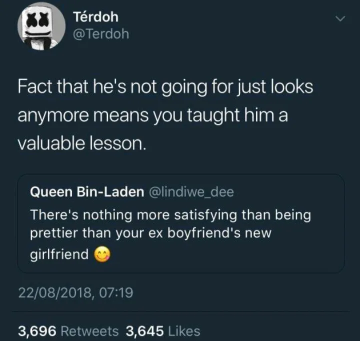 A screenshot of a Twitter thread showing a user named 'TérdoH' replying to a tweet from 'Queen Bin-Laden'. The original…