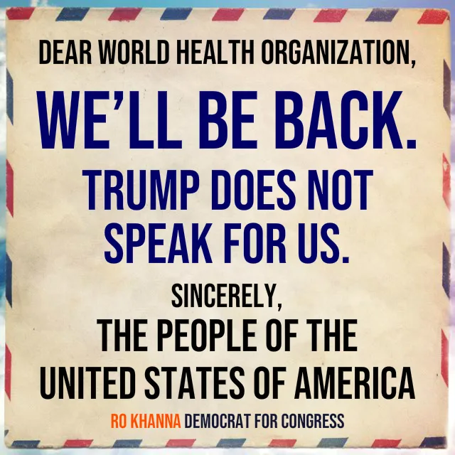 The image shows a vintage-style airmail envelope with bold text overlaid. The text reads: 'DEAR WORLD HEALTH ORGANIZATION…