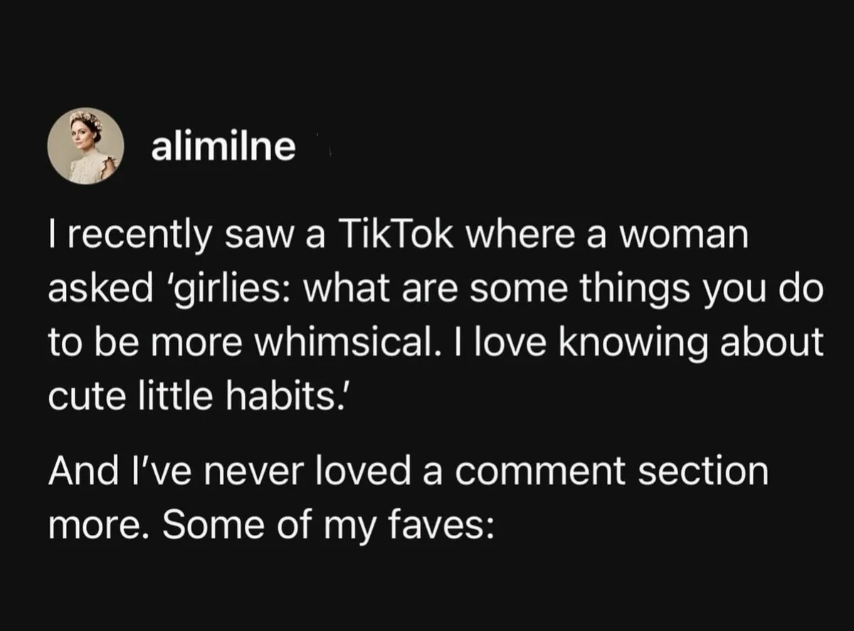 A screenshot of a social media post by user 'alimilne' with a black background and white text. The post describes how the…