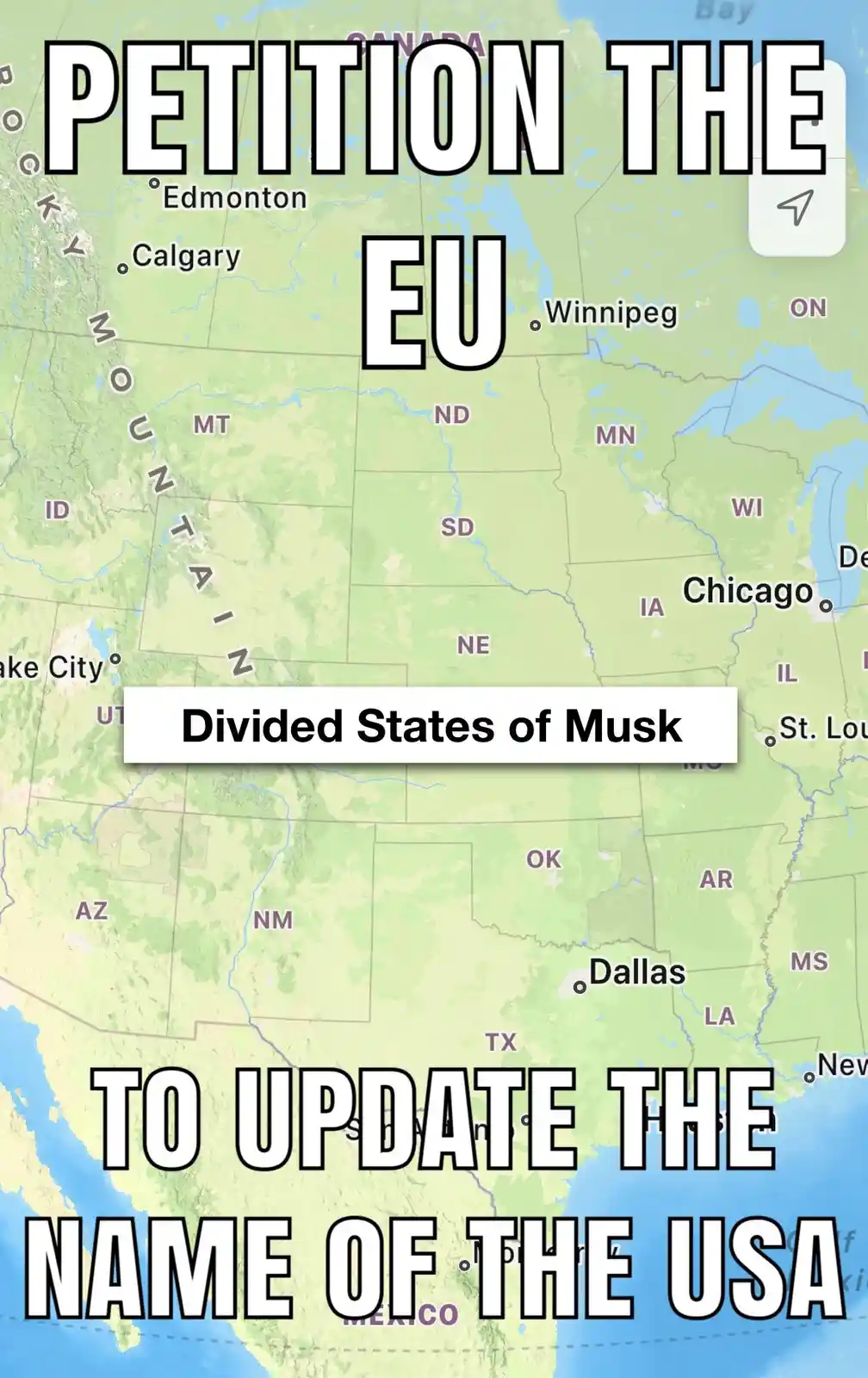 A map of North America shows the United States with a white banner overlaid that reads 'Divided States of Musk'. Large bold…