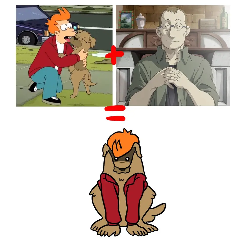 The image is a three-panel meme. The top left shows Futurama's Fry hugging a dog. The top right shows Mizuki from The Legend…