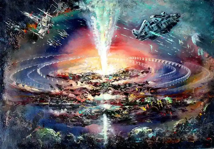 A dramatic, painterly space battle scene with starships engaged around a central glowing energy vortex, overlaid with the…