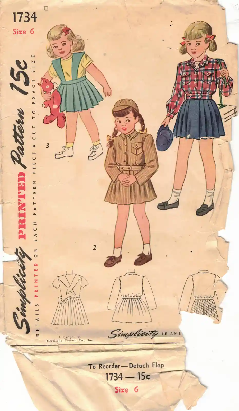 A vintage, torn Simplicity sewing pattern cover (No. 1734, Size 6) shows three illustrated girls in different outfits: one…