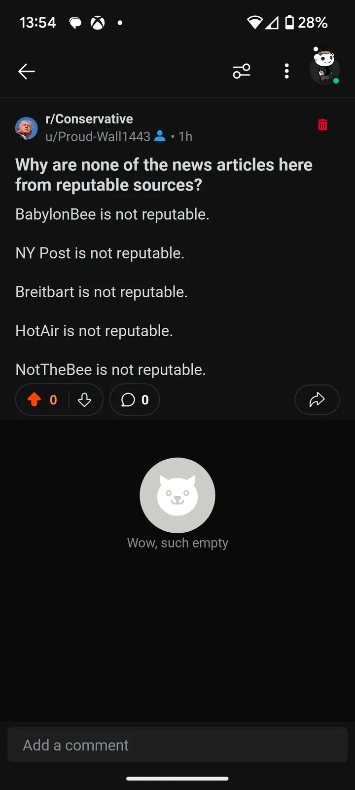 A Reddit post in r/Conservative lists several news outlets as 'not reputable,' including BabylonBee, NY Post, Breitbart…