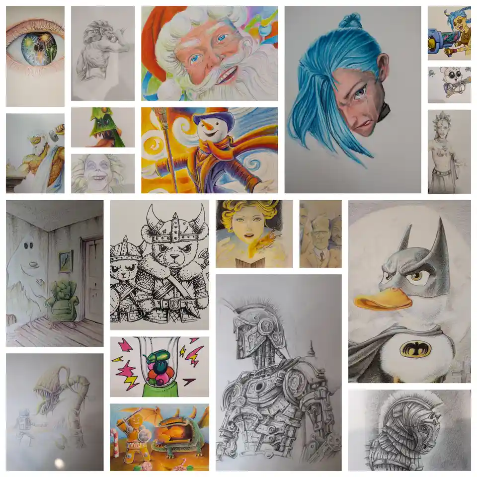 A collage of various hand-drawn illustrations including a colorful Santa Claus, a blue-haired character with a tear, a duck…