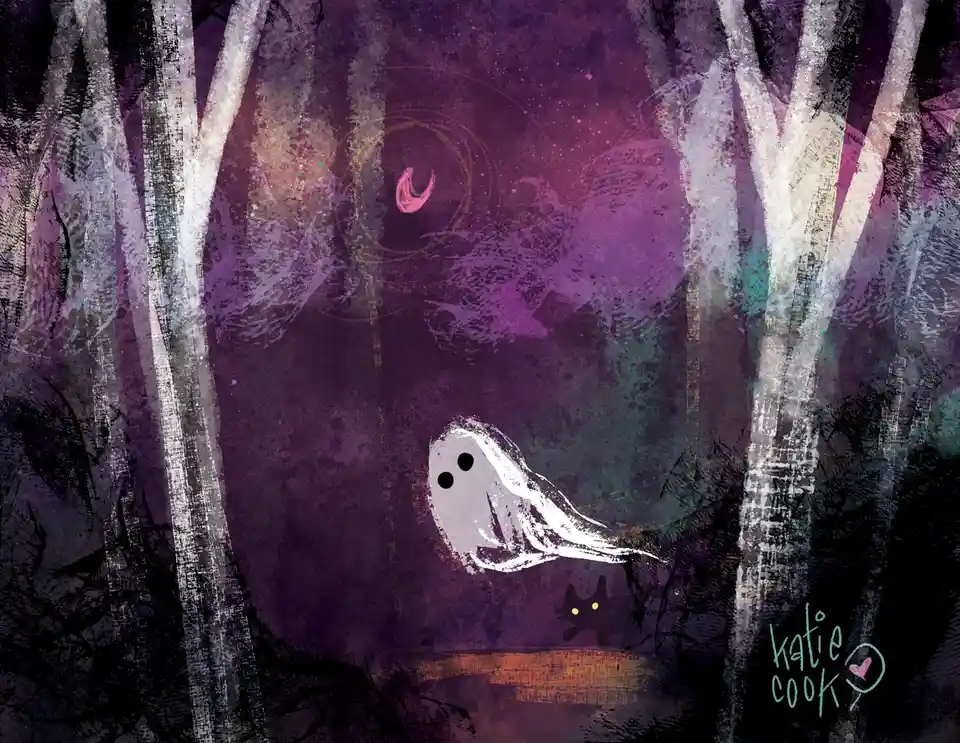 A whimsical, hand-drawn illustration depicts a simple white ghost with two black eyes floating in a dark, purple-hued forest…