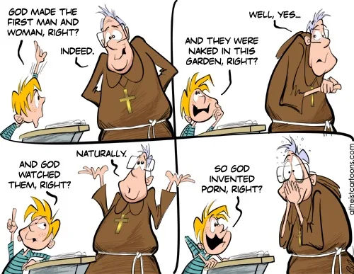 A four-panel comic strip shows a young boy questioning a priest about the biblical story of Adam and Eve. The boy asks if…