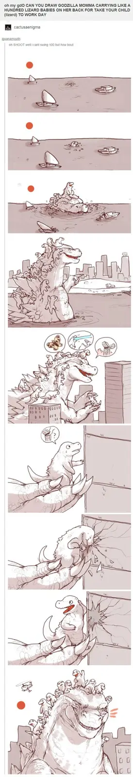 A comic strip shows a user asking to draw Godzilla carrying many baby lizards to work. The artist responds by drawing…