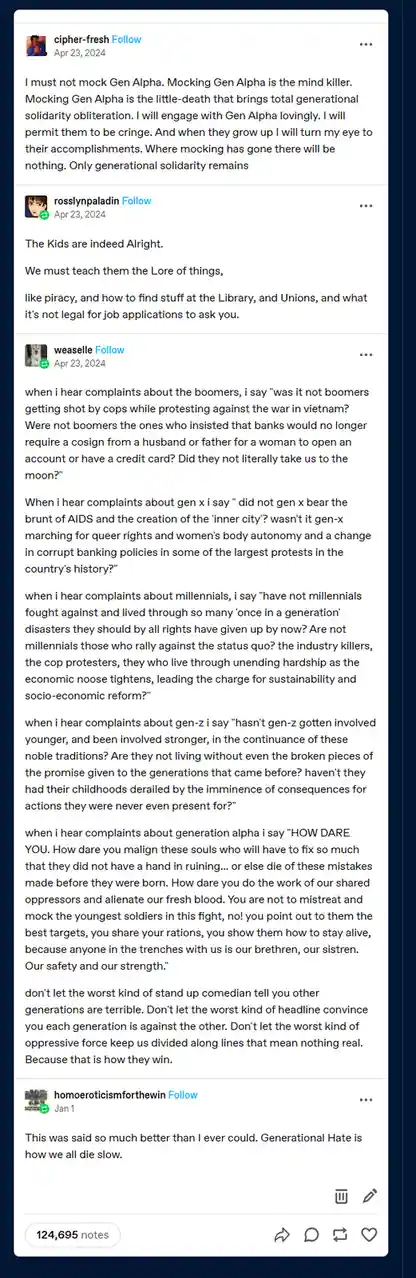 A screenshot of a Tumblr post showing a long text response from user 'weaselle' defending Gen Alpha against criticism…
