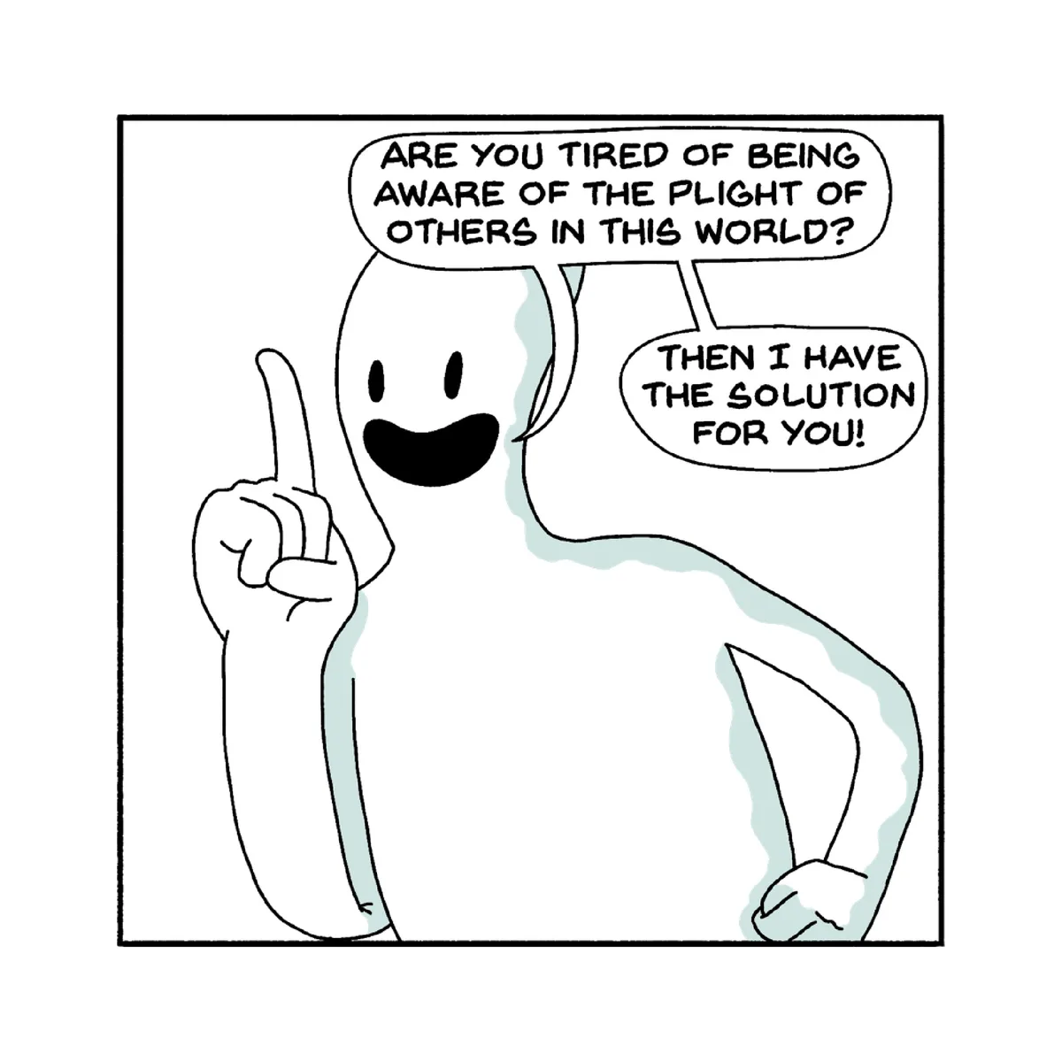 A minimalist cartoon character with a simple smiling face and one raised finger gestures confidently while speaking. Two…