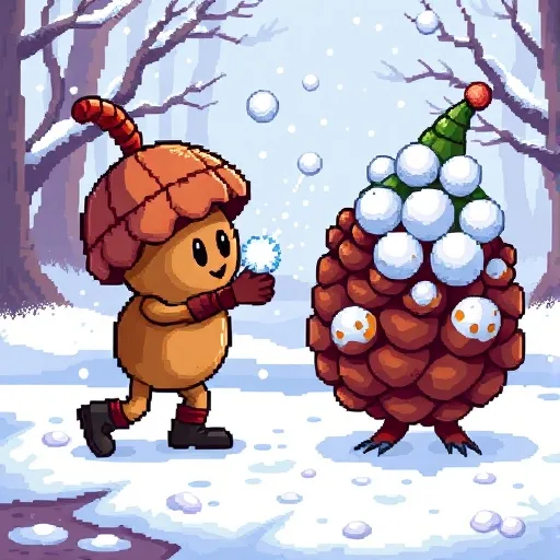A pixel-art character wearing a brown acorn hat and boots stands in a snowy forest, holding a snowball and smiling. To its…