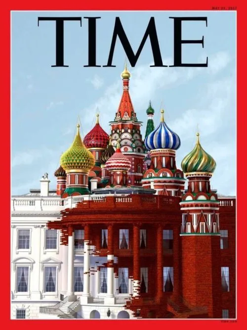 A digitally altered TIME magazine cover where the top half shows St. Basil's Cathedral in Moscow with its colorful onion…