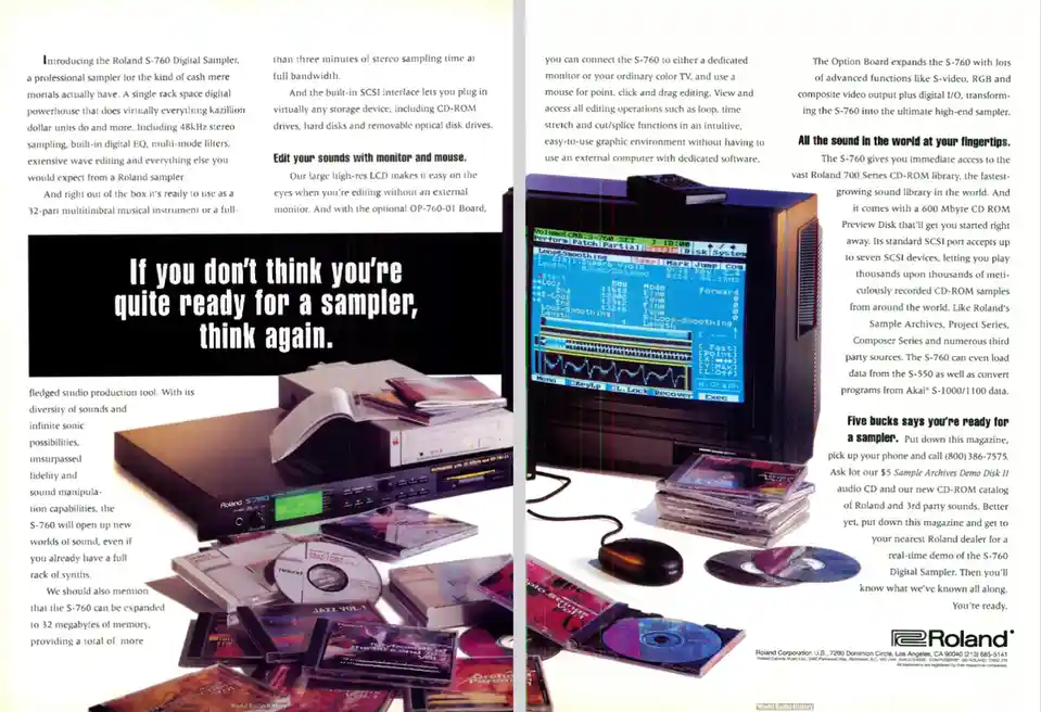 A vintage Roland S-760 Digital Sampler advertisement featuring the device, a computer monitor displaying its interface, a…