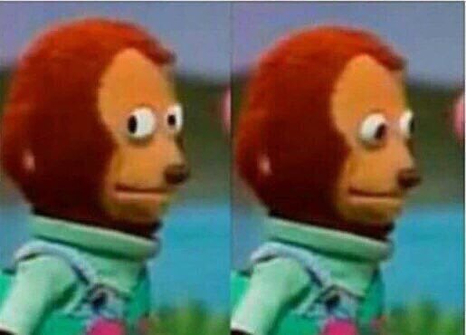 The image shows a split-screen of a cartoon monkey with red fur and a green shirt, looking slightly to the side with a…