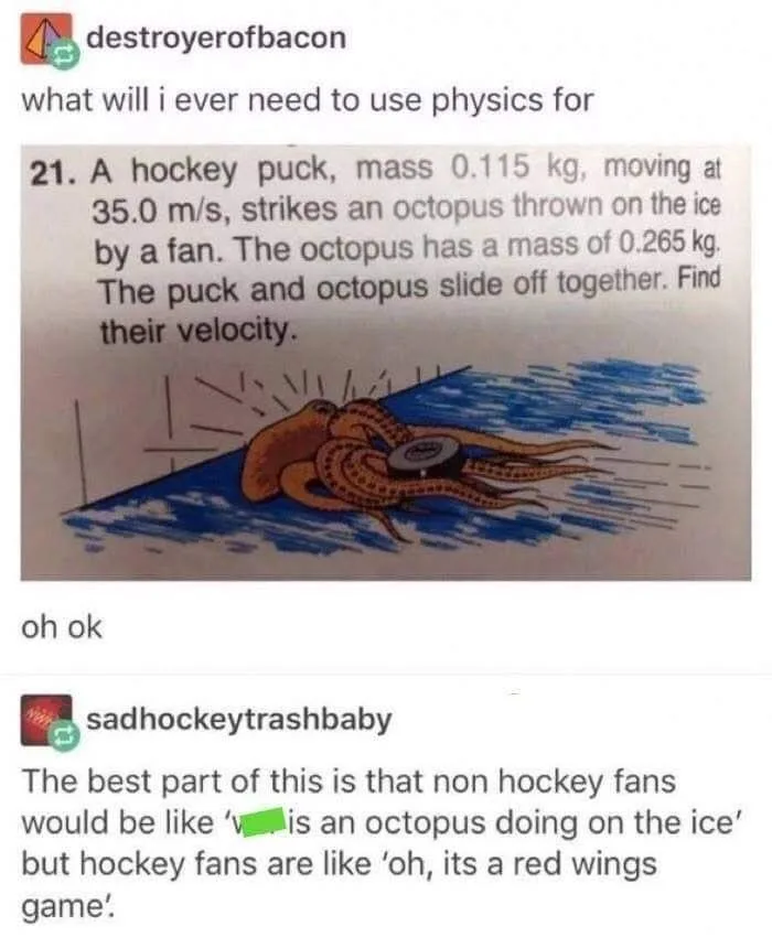 A physics textbook problem shows a cartoon octopus on ice being hit by a hockey puck, with text asking 'what will i ever…