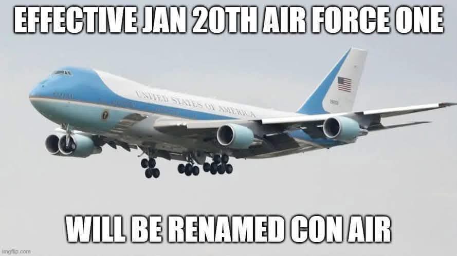 A large blue and white Boeing 747 airplane, identified as Air Force One by text on its fuselage and the American flag on its…