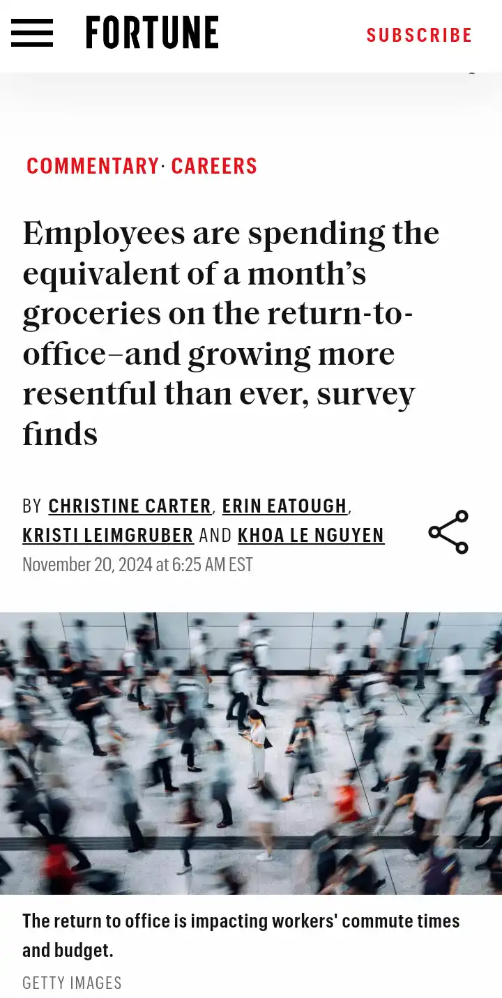 A screenshot of a Fortune magazine article titled 'Employees are spending the equivalent of a month's groceries on the…