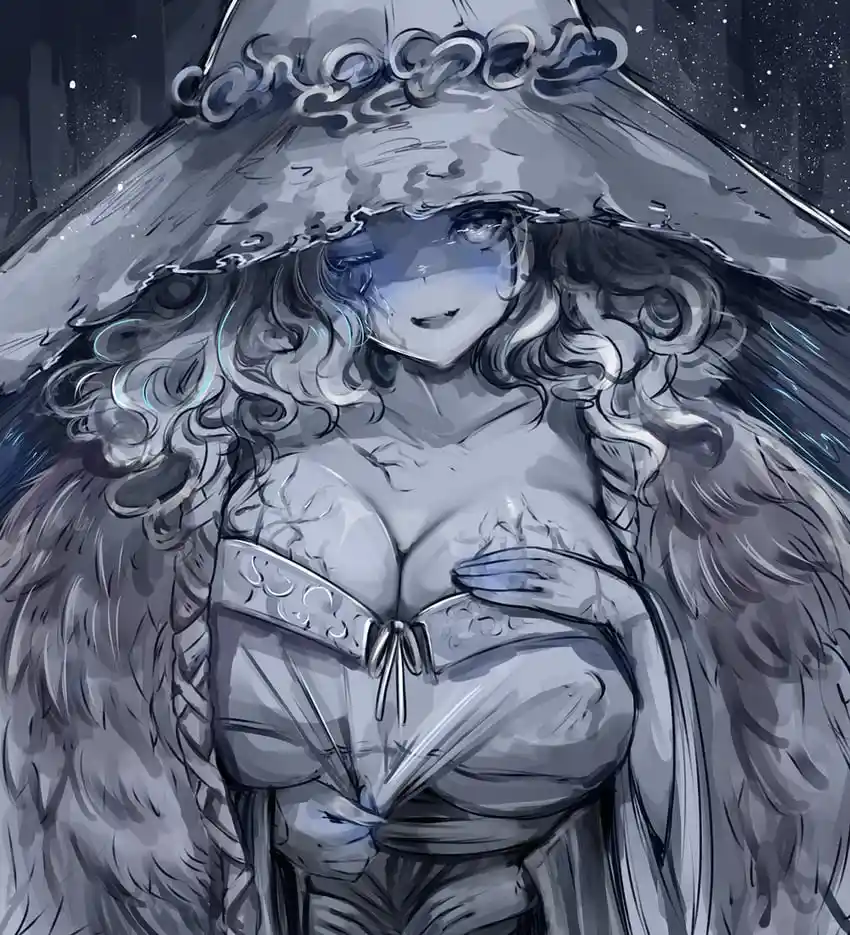 A grayscale anime-style illustration of a woman with long curly hair, wearing a large ornate hat and a fur-lined outfit…