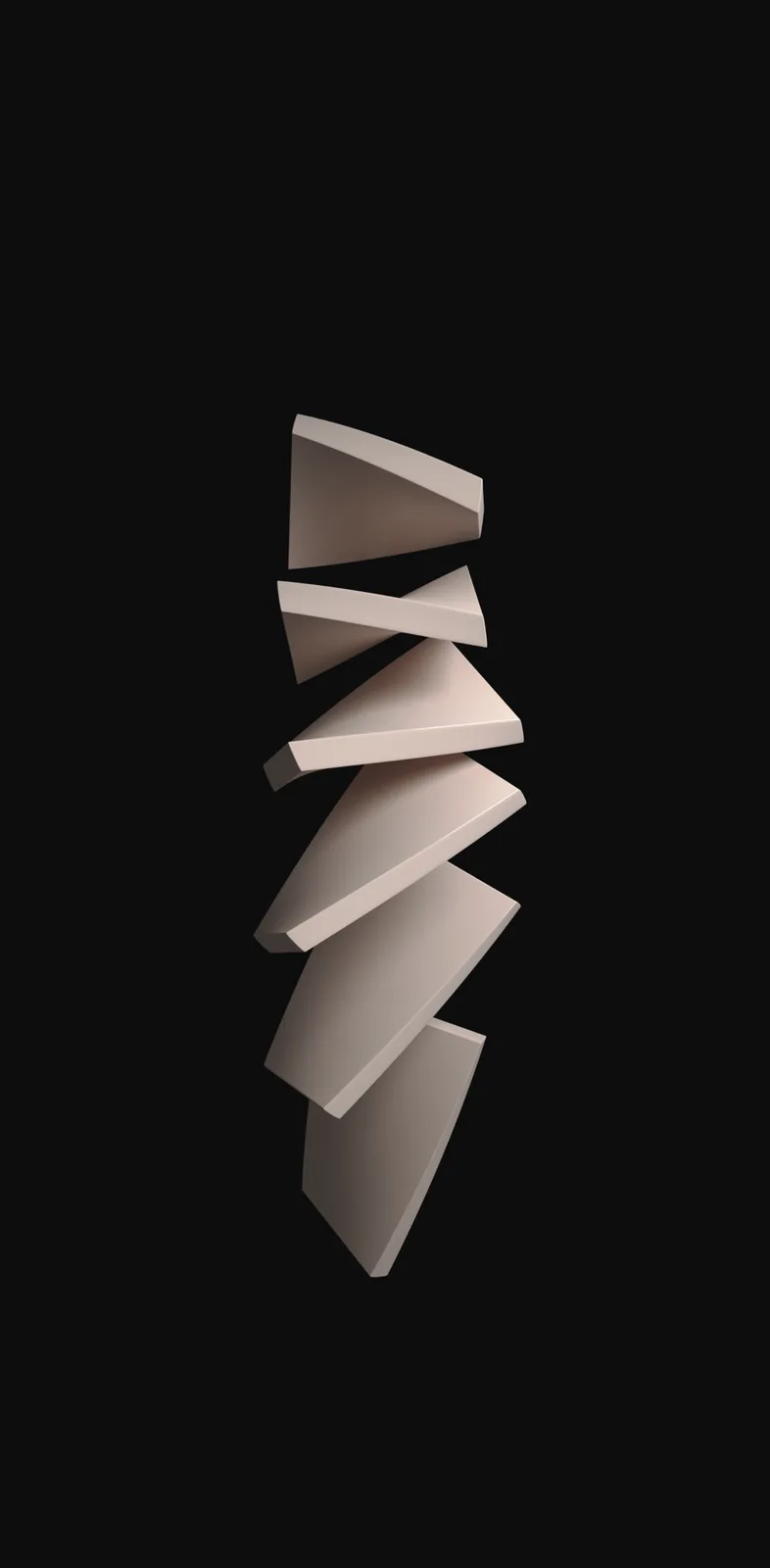 A minimalist 3D rendering of a beige, zigzagging, abstract sculpture composed of stacked geometric planes against a solid…