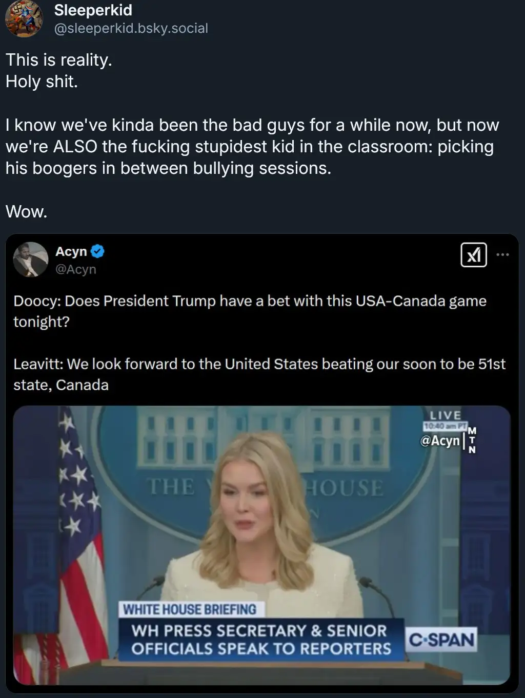 A screenshot of a White House press briefing shows press secretary Karoline Leavitt speaking at a podium with an American…